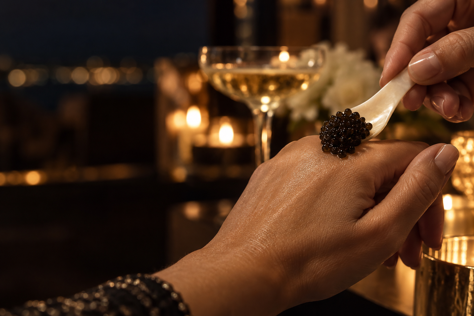 An editorial illustration of caviar served from a pearl spoon onto a guest’s hand at an evening celebration
